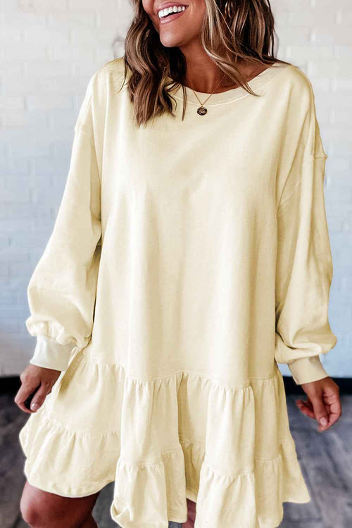 Beige Double Tiered Ruffle Hem Long Sleeve Loose Mini Dress by Wild and Free Boutique