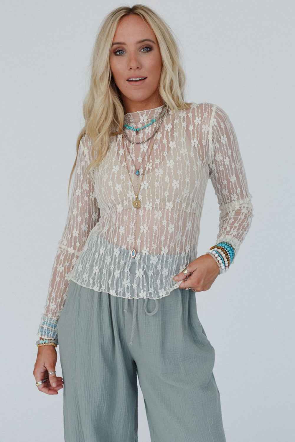 White Sheer Floral Lace Long Sleeve Slim Fit Top