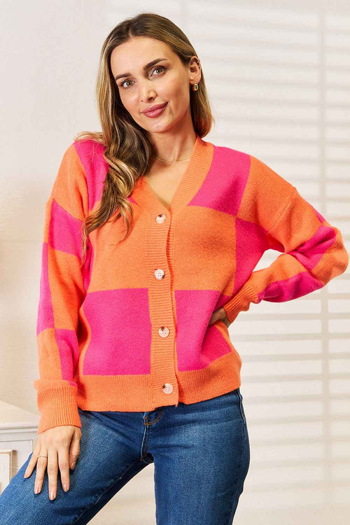 Angel Wings Woven Right Checkered V-Neck Dropped Shoulder Cardigan by Wild and Free Boutique