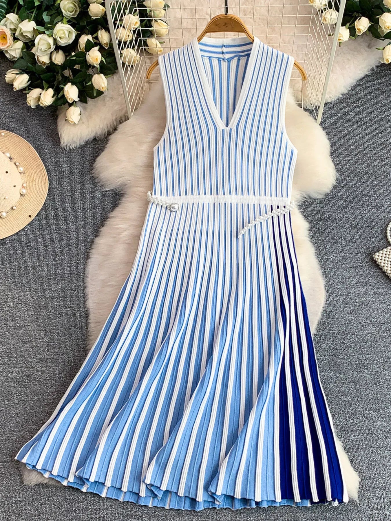 Striped Sleeveless Midi Dress by Shopiebay