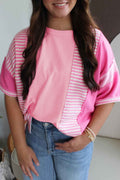 Pink Stripe Waffle Patchwork Loose T-Shirt