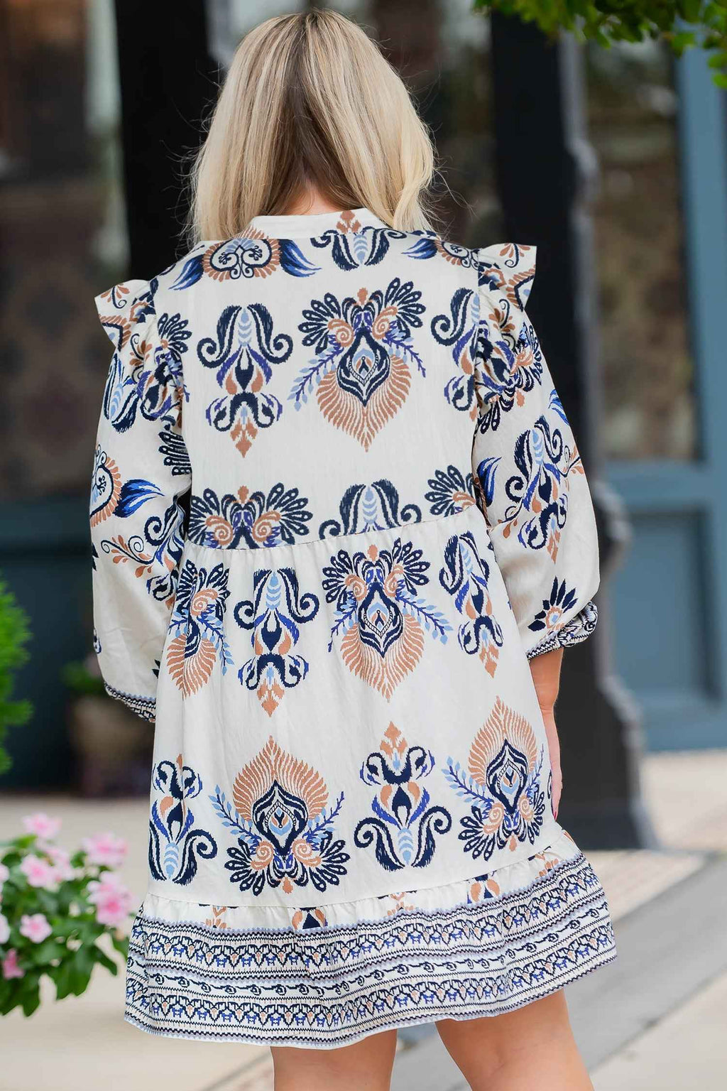 Sky Blue Plus Size Boho Print Split Neck Long Sleeve Mini Dress
