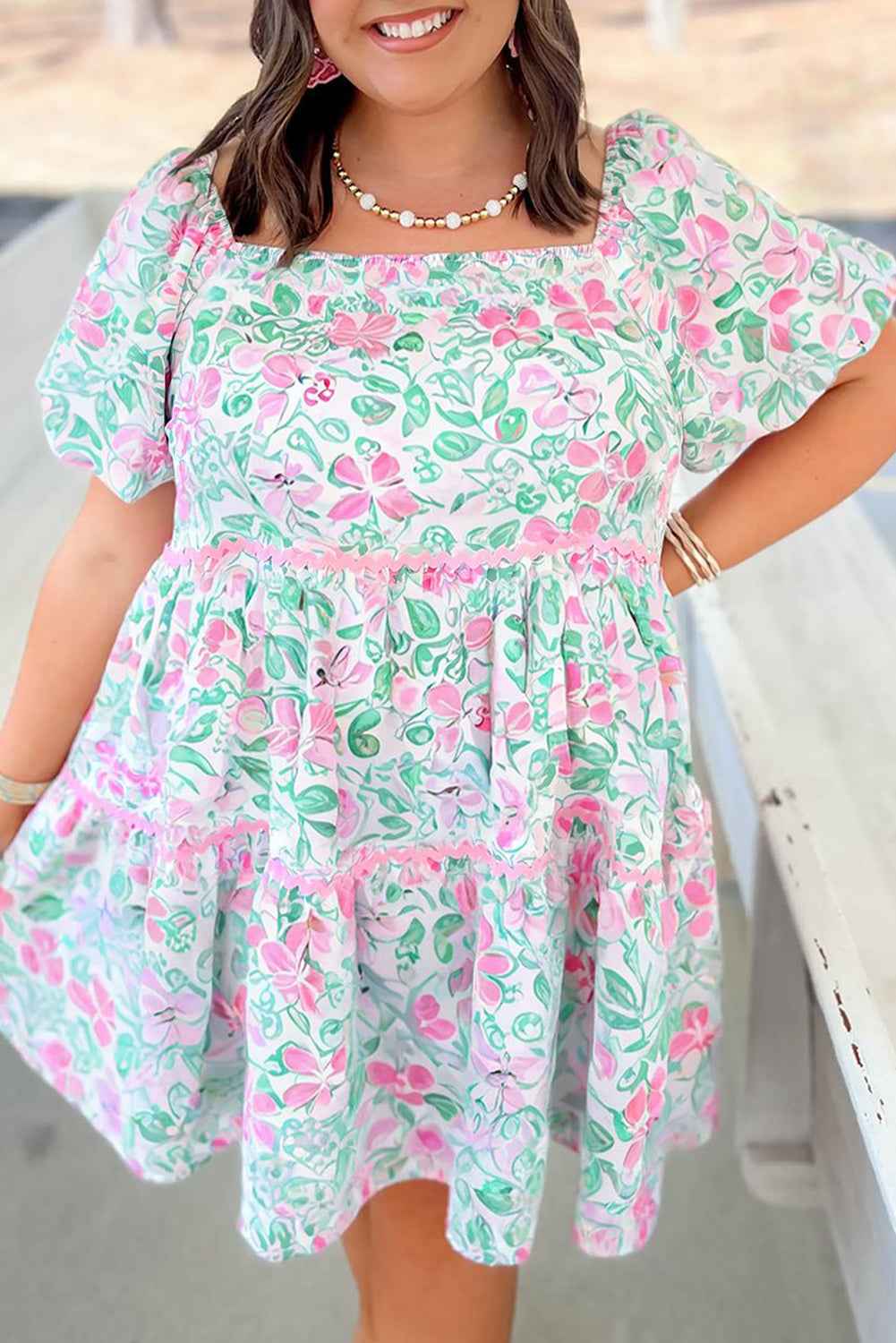 White Floral Print Ric-rac Trim Square Neck Plus Size Mini Dress
