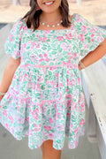 White Floral Print Ric-rac Trim Square Neck Plus Size Mini Dress