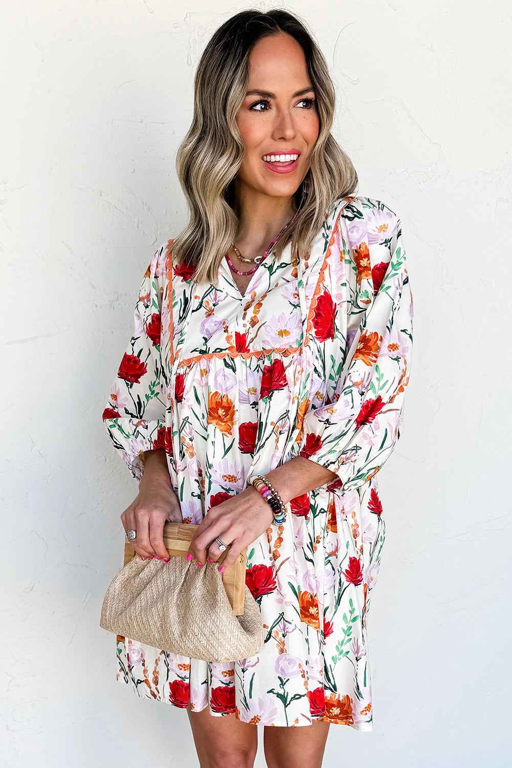 Beige Floral Print 3/4 Puff Sleeve Ricrac Trim Mini Dress