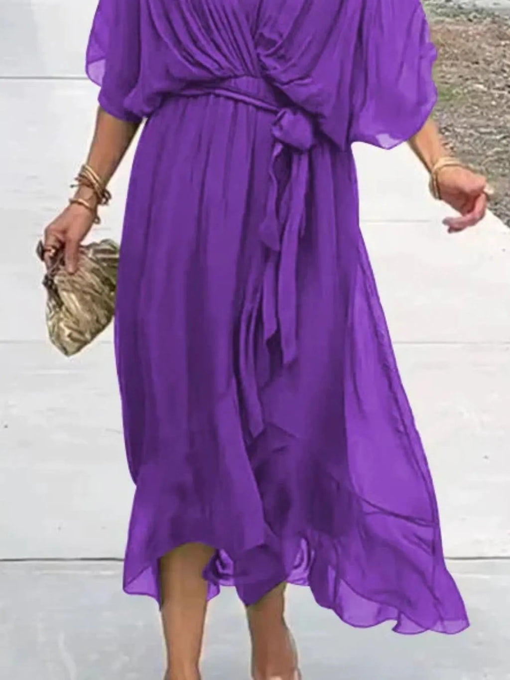 Flowy Tie Front Midi Dress with Flutter Sleeves by Shopiebay