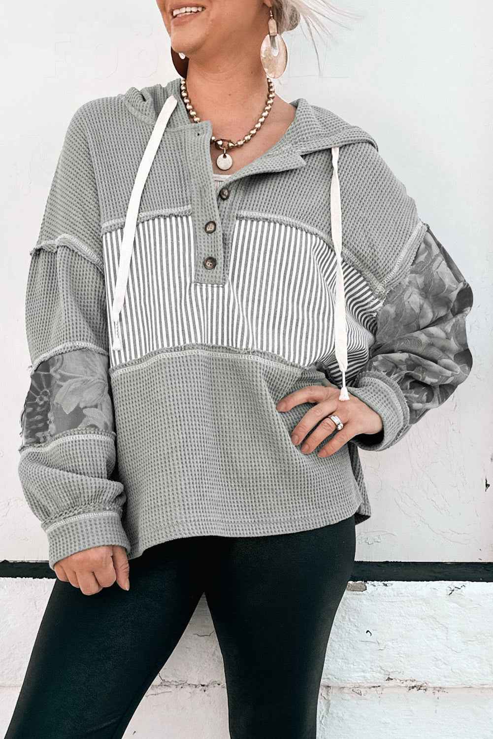 White Waffle Printed Patchwork Drawstring Hooded Long Sleeve Top