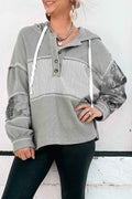White Waffle Printed Patchwork Drawstring Hooded Long Sleeve Top