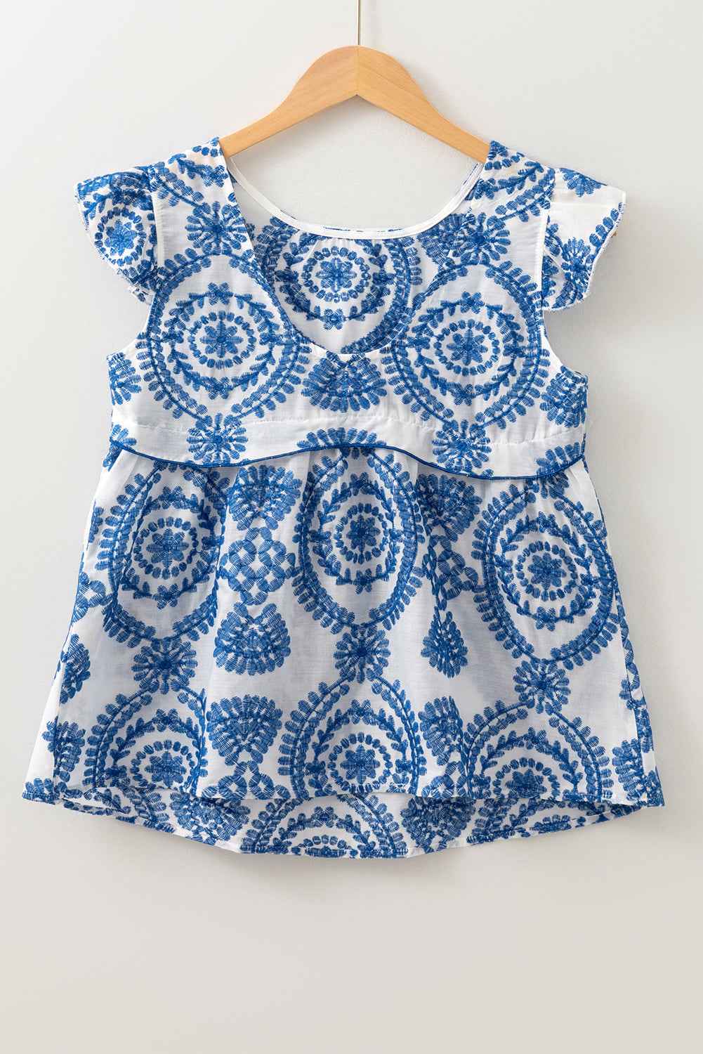 Blue Boho Print Flutter Sleeve Crew Neck Blouse