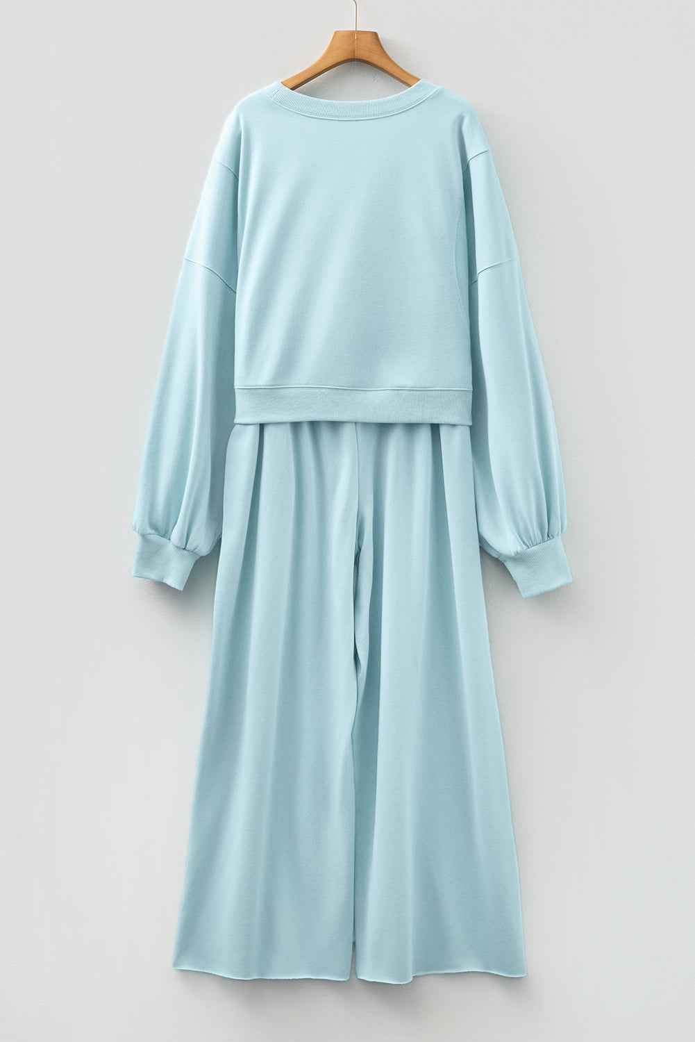 Mist Blue Drop Shoulder Puff Sleeve Crop Pullover Drawstring Wide Leg Pants Set