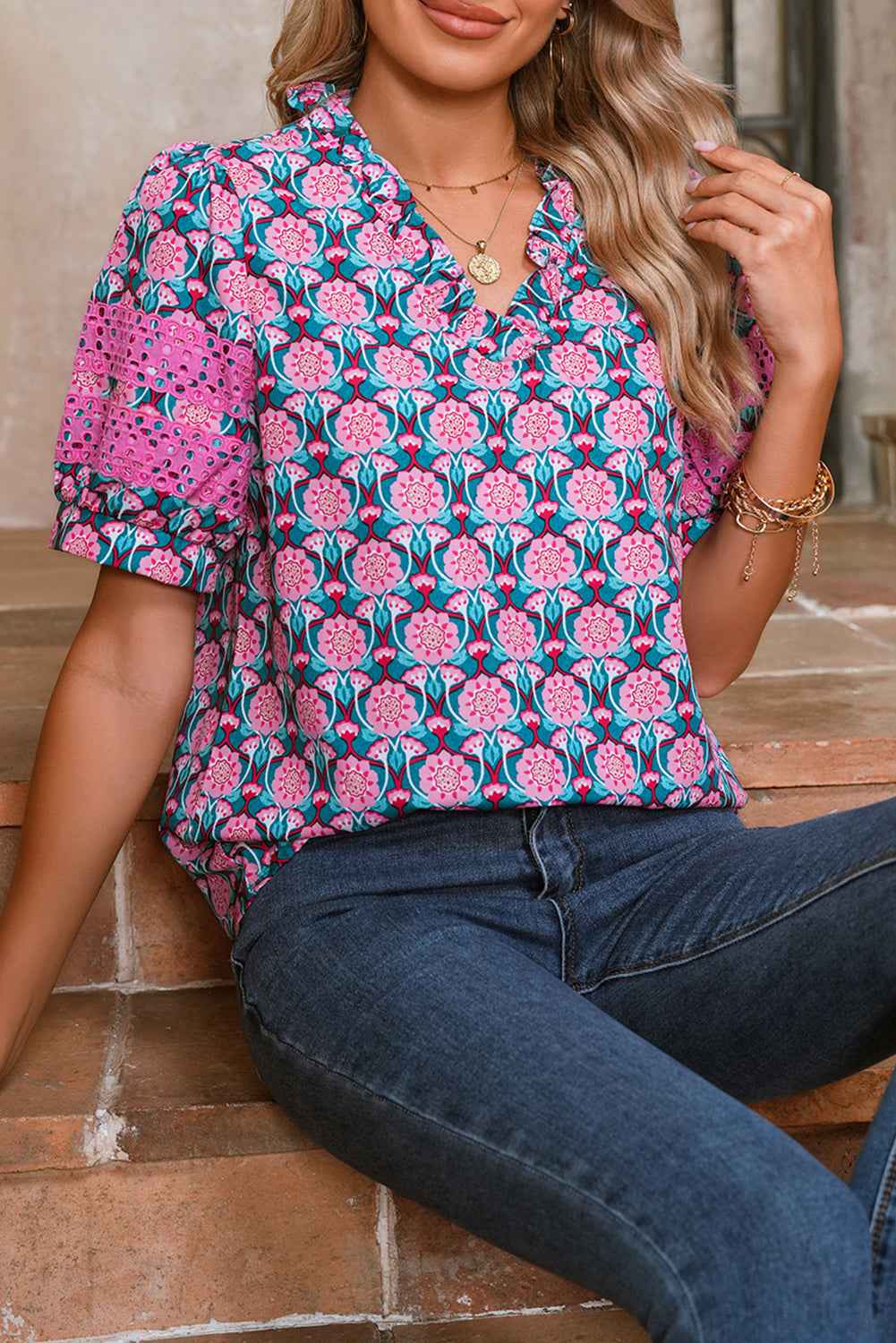 Sachet Pink Frill V-Neck Abstract Print Puff Sleeve Top