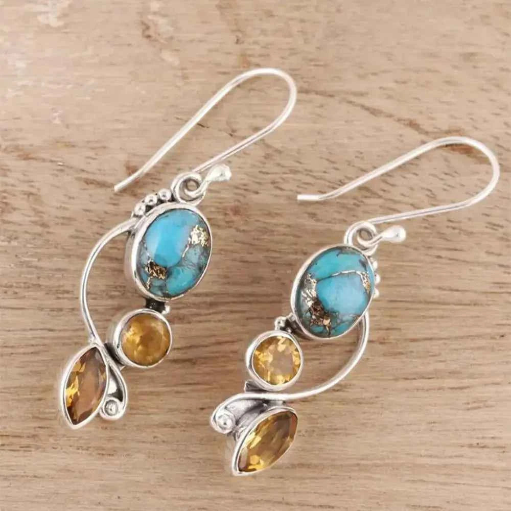 Turquoise & Amber-Inspired Geometric Alloy Dangle Earrings