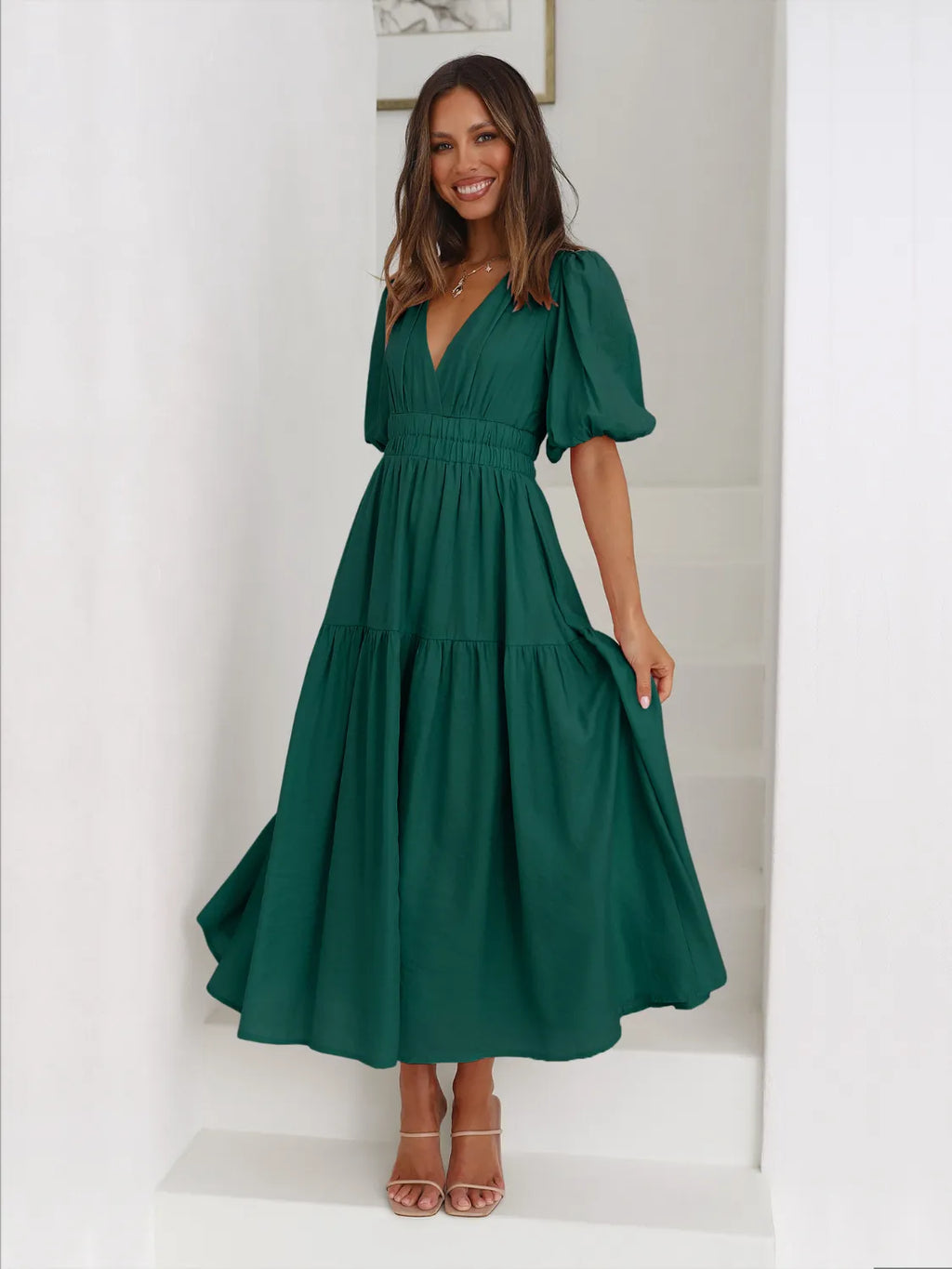 Tiered Surplice Half Sleeve Midi Dress by Shopiebay