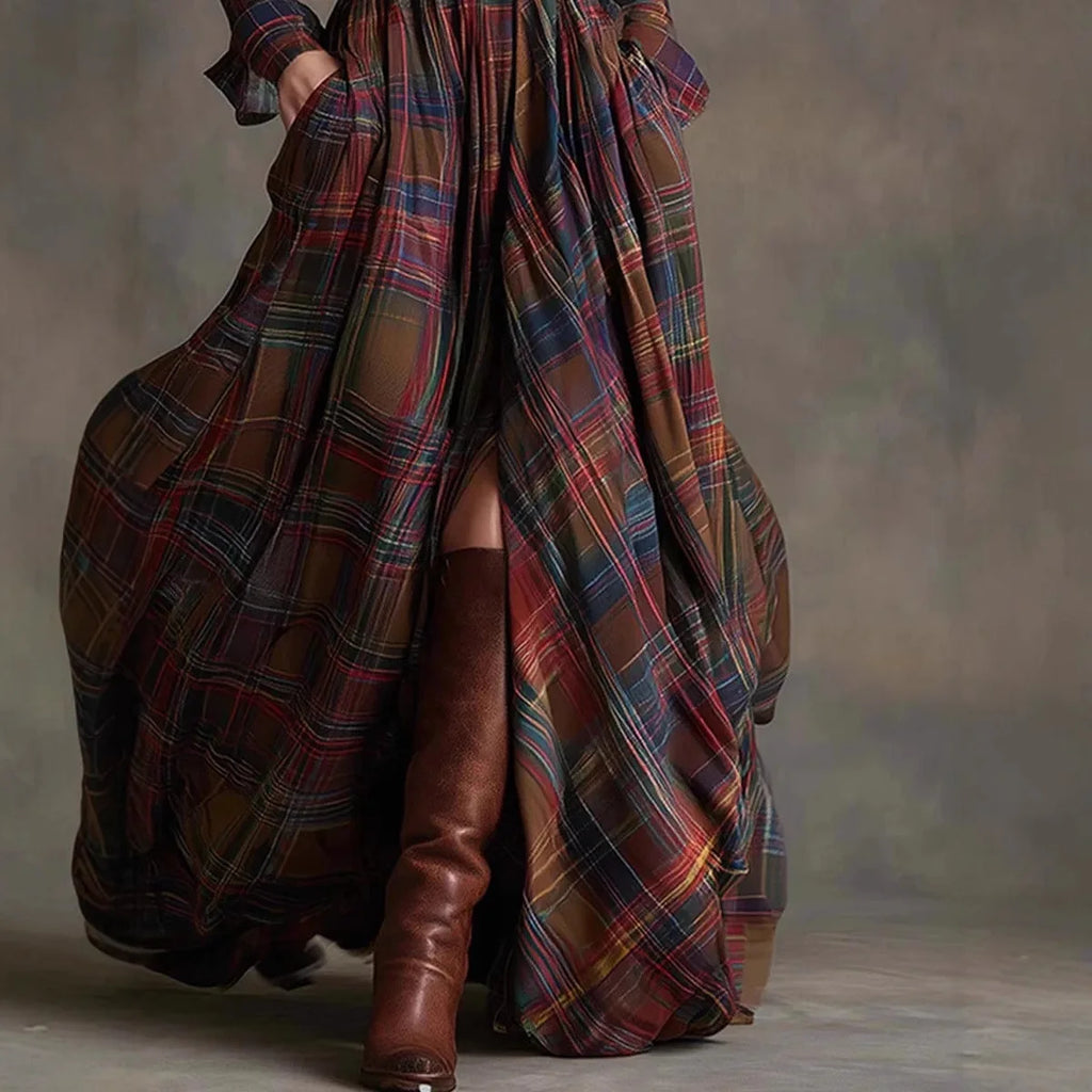 European American Women's Shirt Maxi Dress Autumn Casual Long Sleeve Button Pocket Plaid Print Lapel Retro Long Dress Vestidos