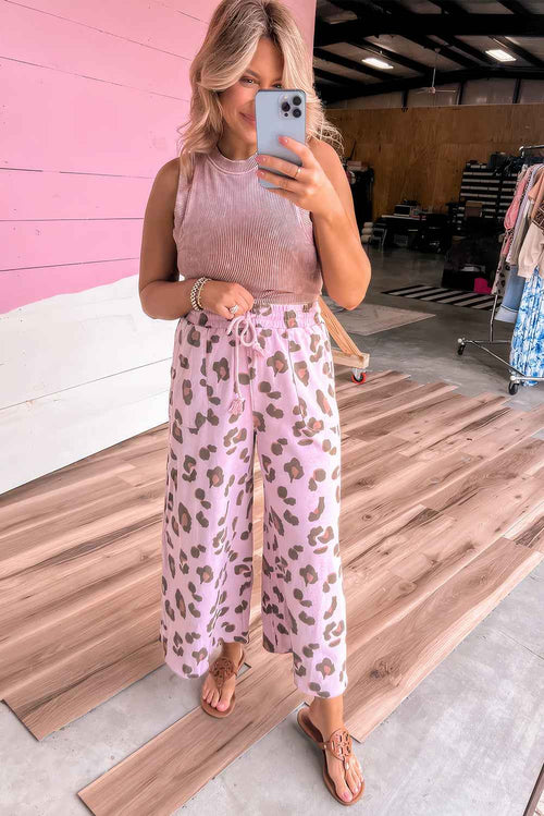 Beige Drawstring Leopard Print Patch Pocket Loose Pants by Wild and Free Boutique