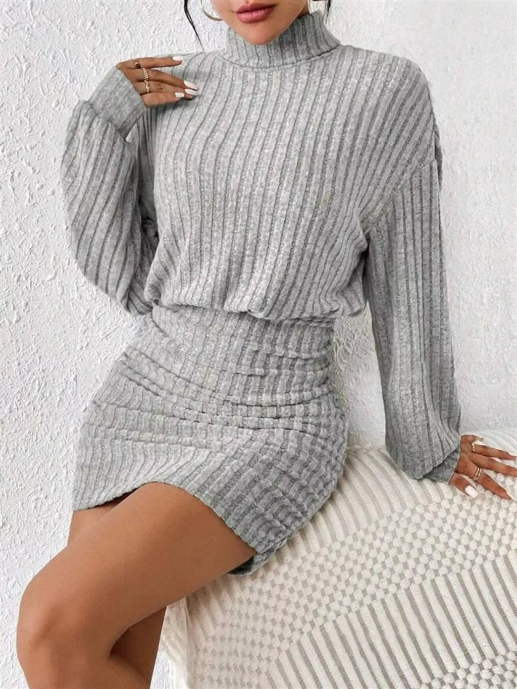 Ribbed Knit Turtleneck Bodycon Mini Dress by Shopiebay