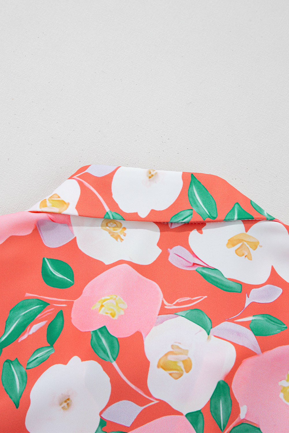 Fresh Salmon Floral Print Puff Sleeve Pop of Color Neckline Dress