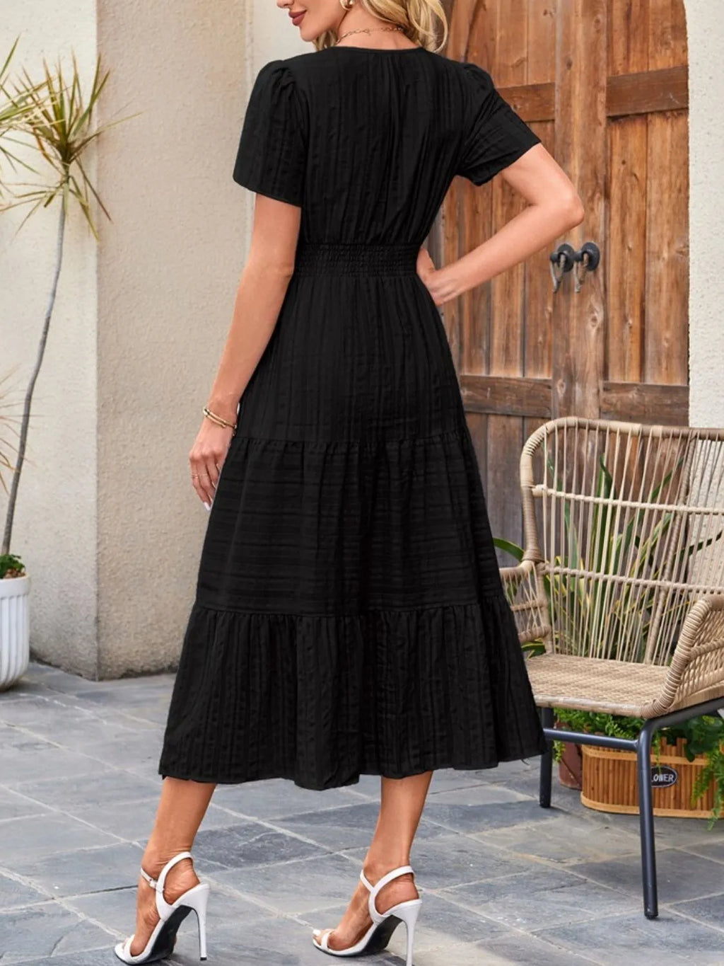Tiered Notched Short Sleeve Dress by Shopiebay