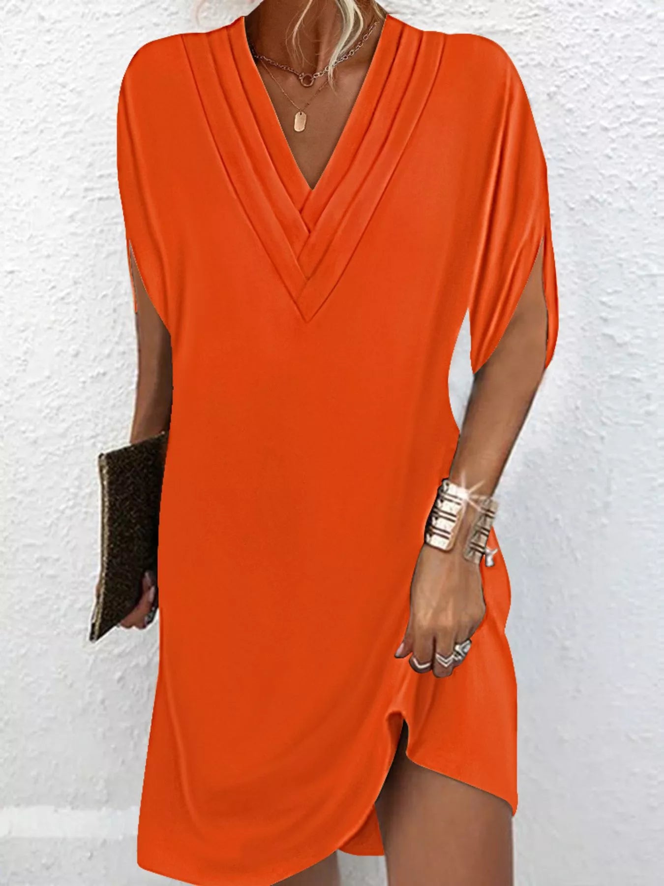 V-Neck Slit Sleeve Mini Dress by Shopiebay
