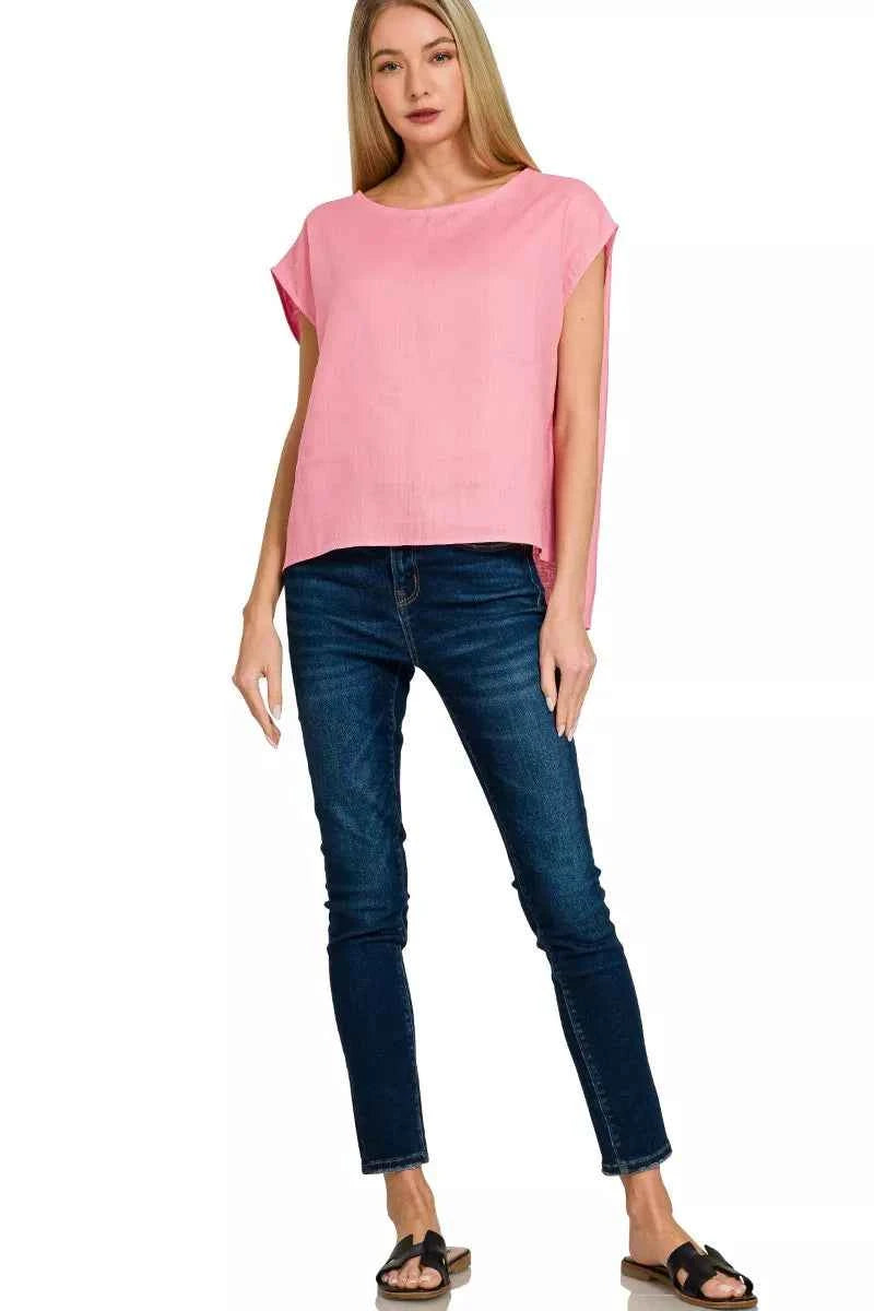 Zenana Linen Round Neck Cap Sleeve Top