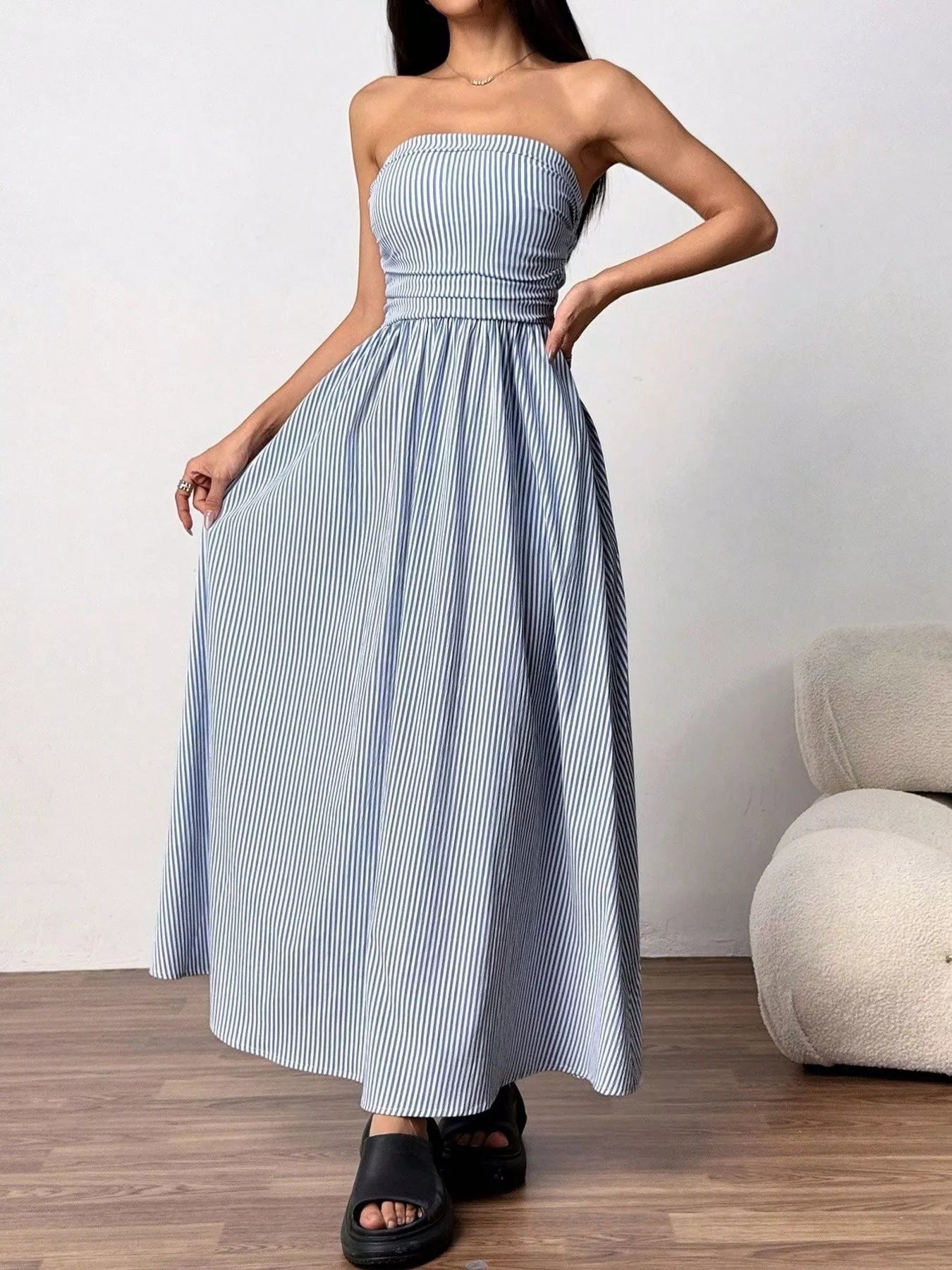Striped Strapless Casual Maxi Dress by Shopiebay