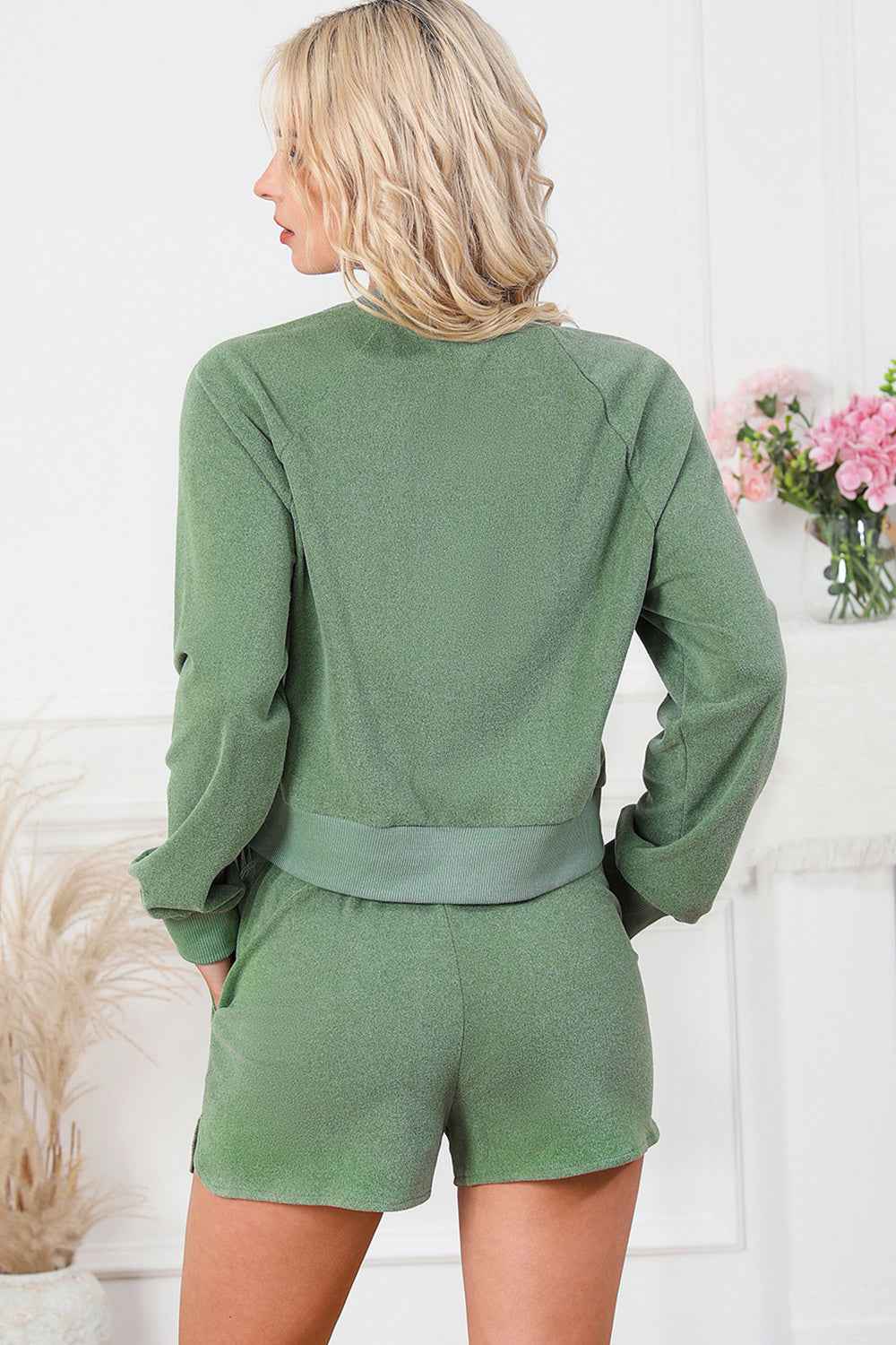 Round Neck Long Sleeve Top and Drawstring Shorts Lounge Set