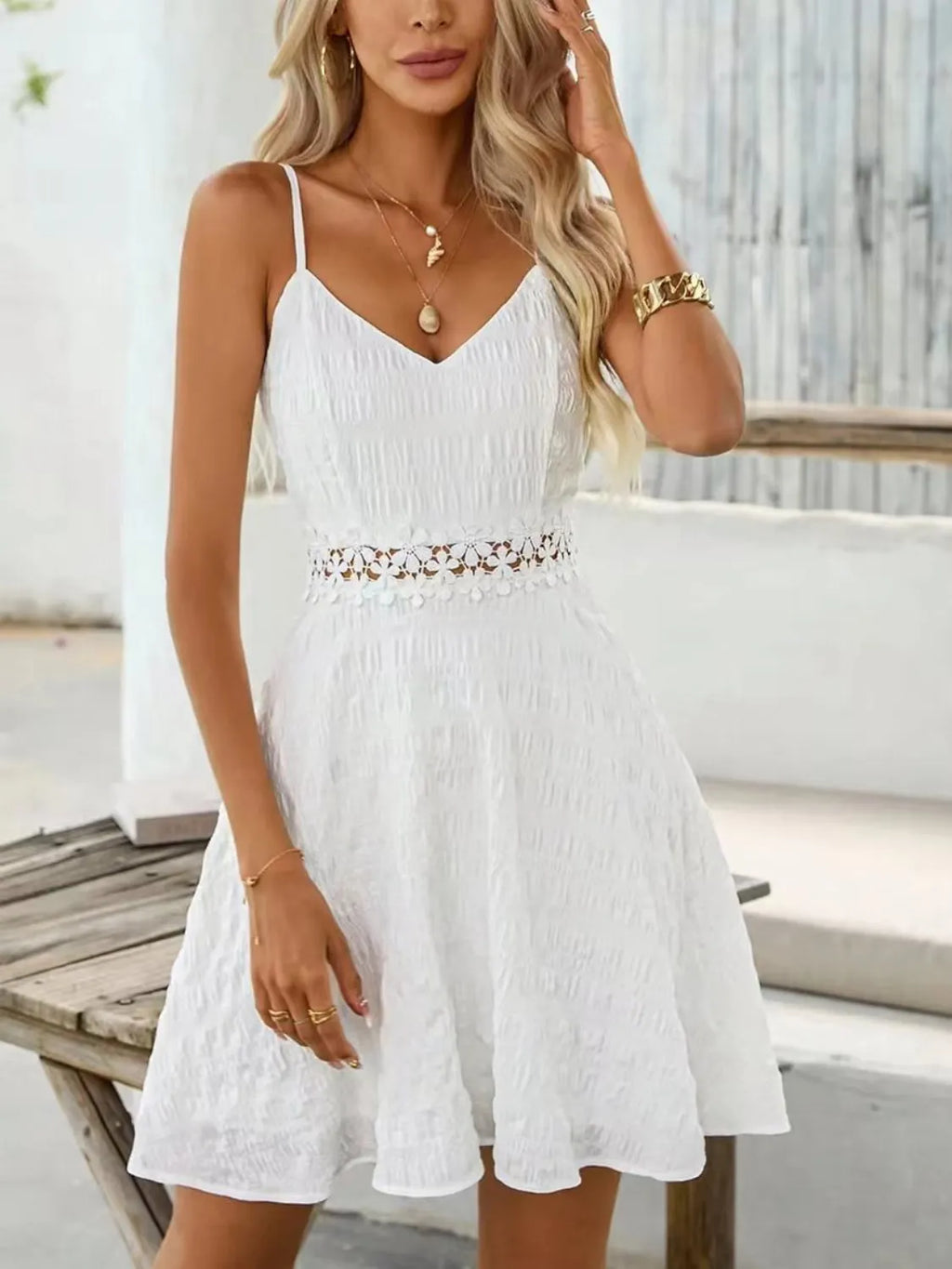Lace Detail V-Neck Mini Cami Dress by Shopiebay