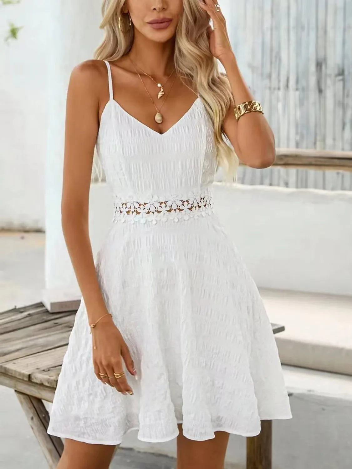 Lace Detail V-Neck Mini Cami Dress by Shopiebay