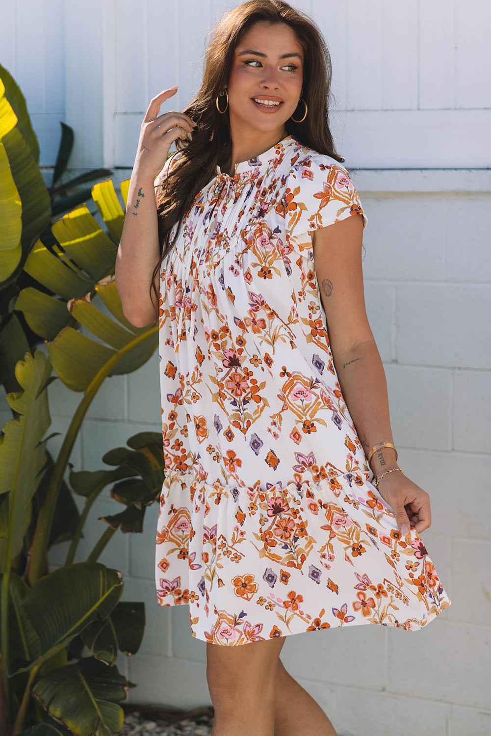 Apricot Floral Geometric Print Ruffled Trim Flutter Sleeve Mini Dress