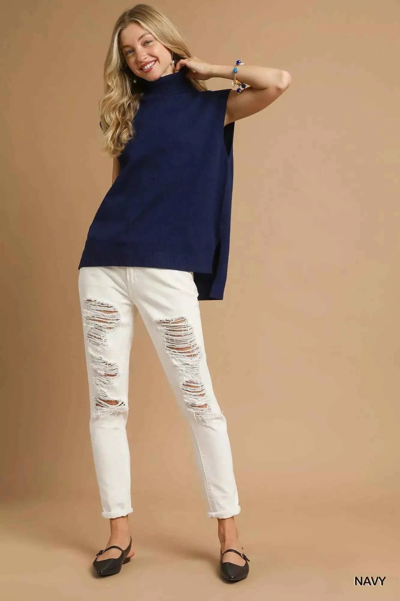 Umgee High-Low Turtleneck Sleeveless Sweater Top