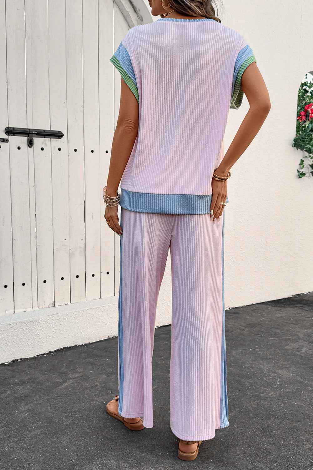 Pink Corded Colorblock Patchwork Short Sleeve Top and Loose Pants Set by Wild and Free Boutique