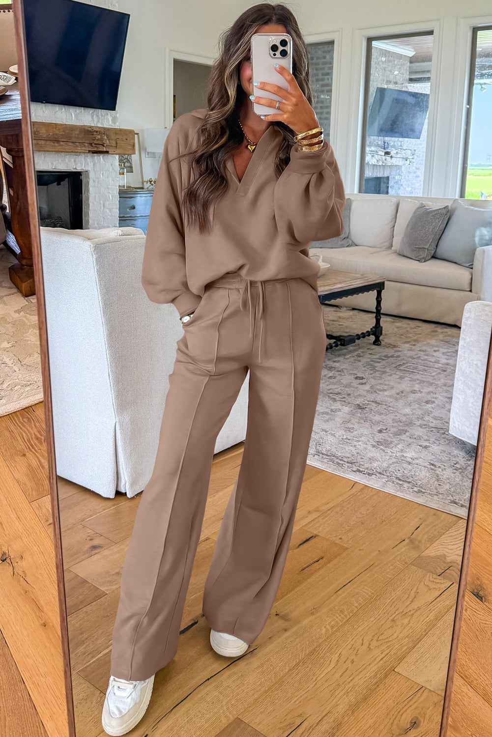 Dark Khaki Polo Collar V Neck Pullover and Drawstring Sweatpants Set