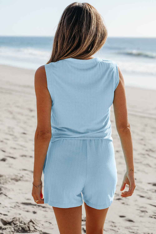 Beau Blue Ribbed Button V Neck Tank Top and Shorts Set by Wild and Free Boutique