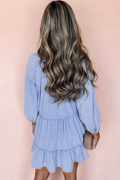 Beau Blue Puff Sleeve V Neck Tiered Ruffled Chambray Mini Dress by Wild and Free Boutique