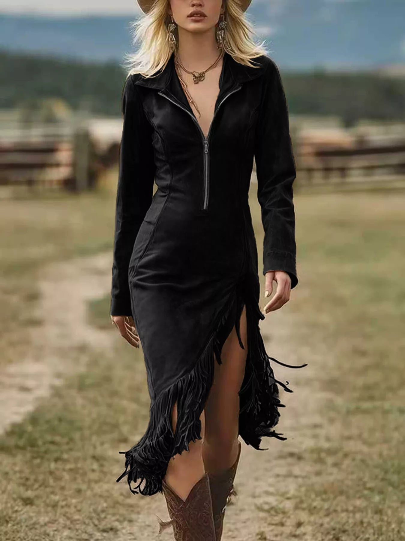 Fringe Hem Zip Front Bodycon Dress by Shopiebay