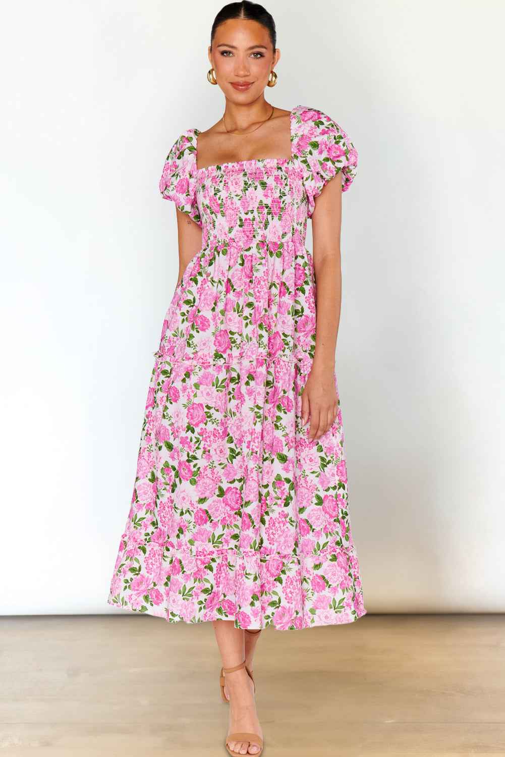 Pink Dainty Floral Smocked Puff Sleeve Flowy Long Dress