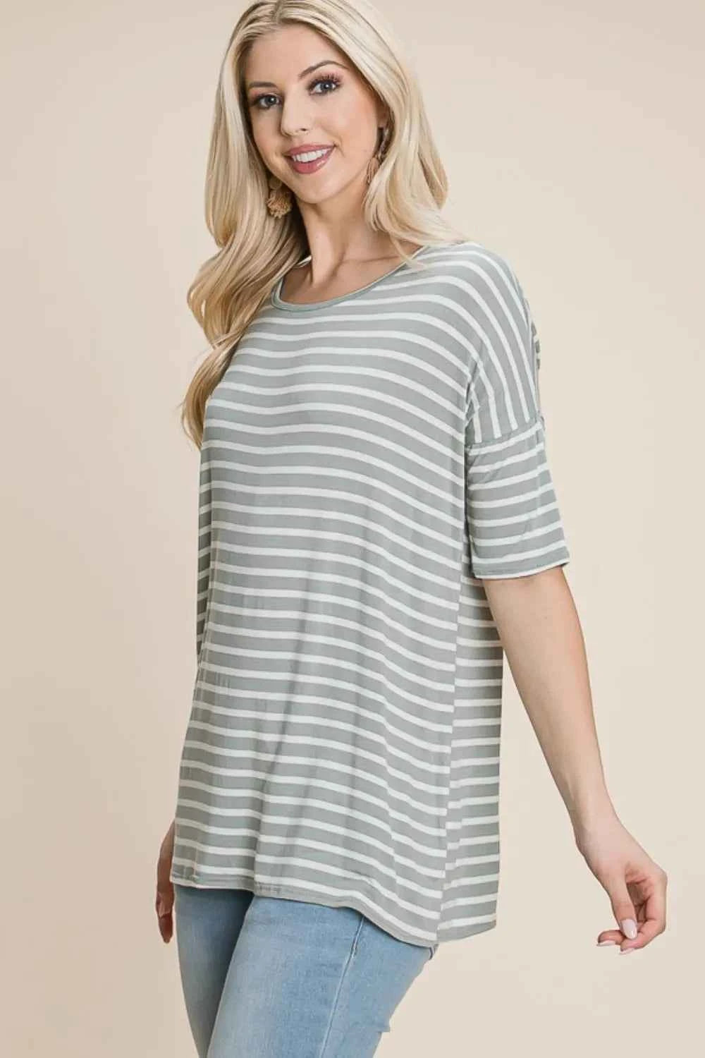 BOMBOM Striped Round Neck T-Shirt