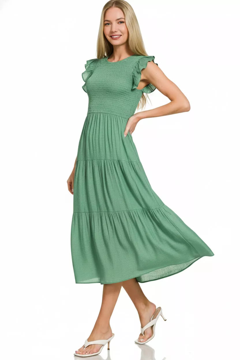 Zenana Woven Smocked Ruffle Sleeve Midi Dress by Selvanelle