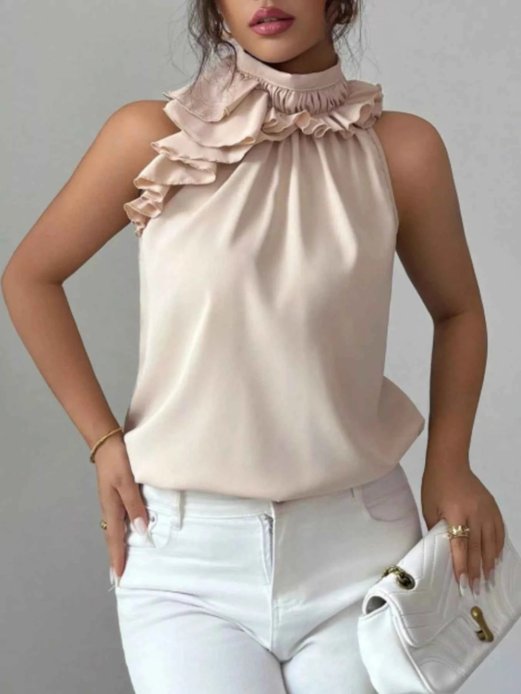 Ruffle High Neck Sleeveless Tank