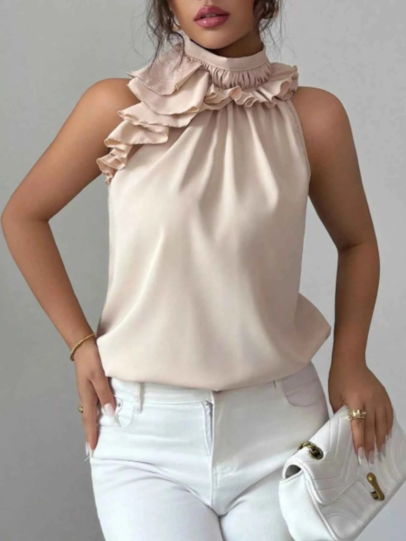 Ruffle High Neck Sleeveless Tank