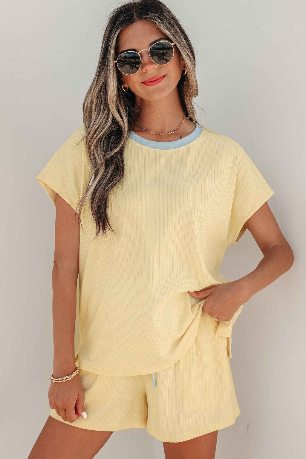 Clearly Aqua Soft Ribbed Color Block Trim Casual Short Set