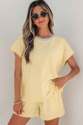 Clearly Aqua Soft Ribbed Color Block Trim Casual Short Set by Dear-Lover Dropshipping