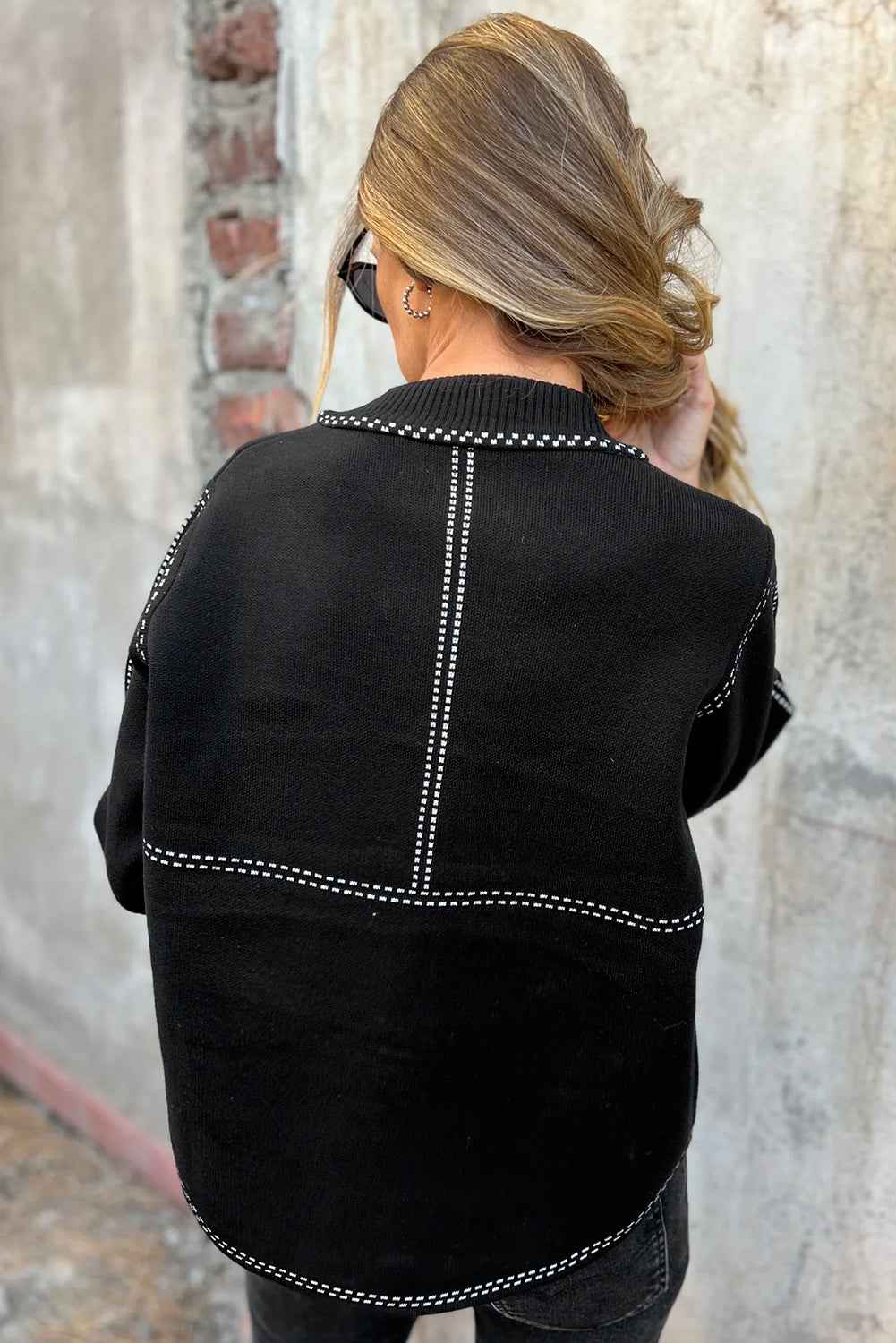 Black Contrast Trim Button up Sweater Cardigan