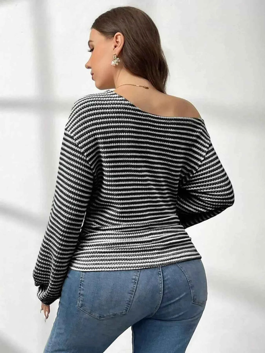 Striped One-Shoulder Plus Size Long Sleeve T Shirt