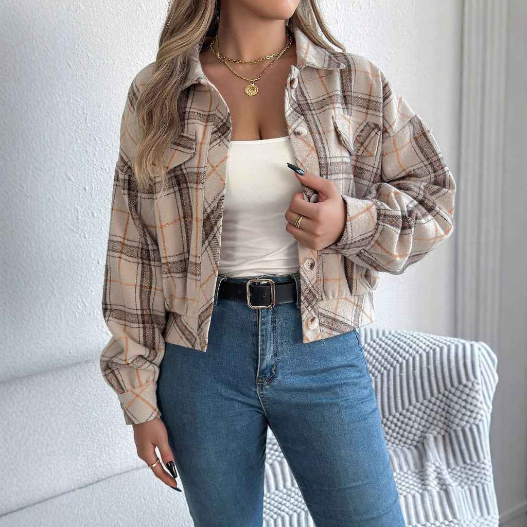 Plaid Faux Pocket Long Sleeve Woolen Cloth Jacket Coat