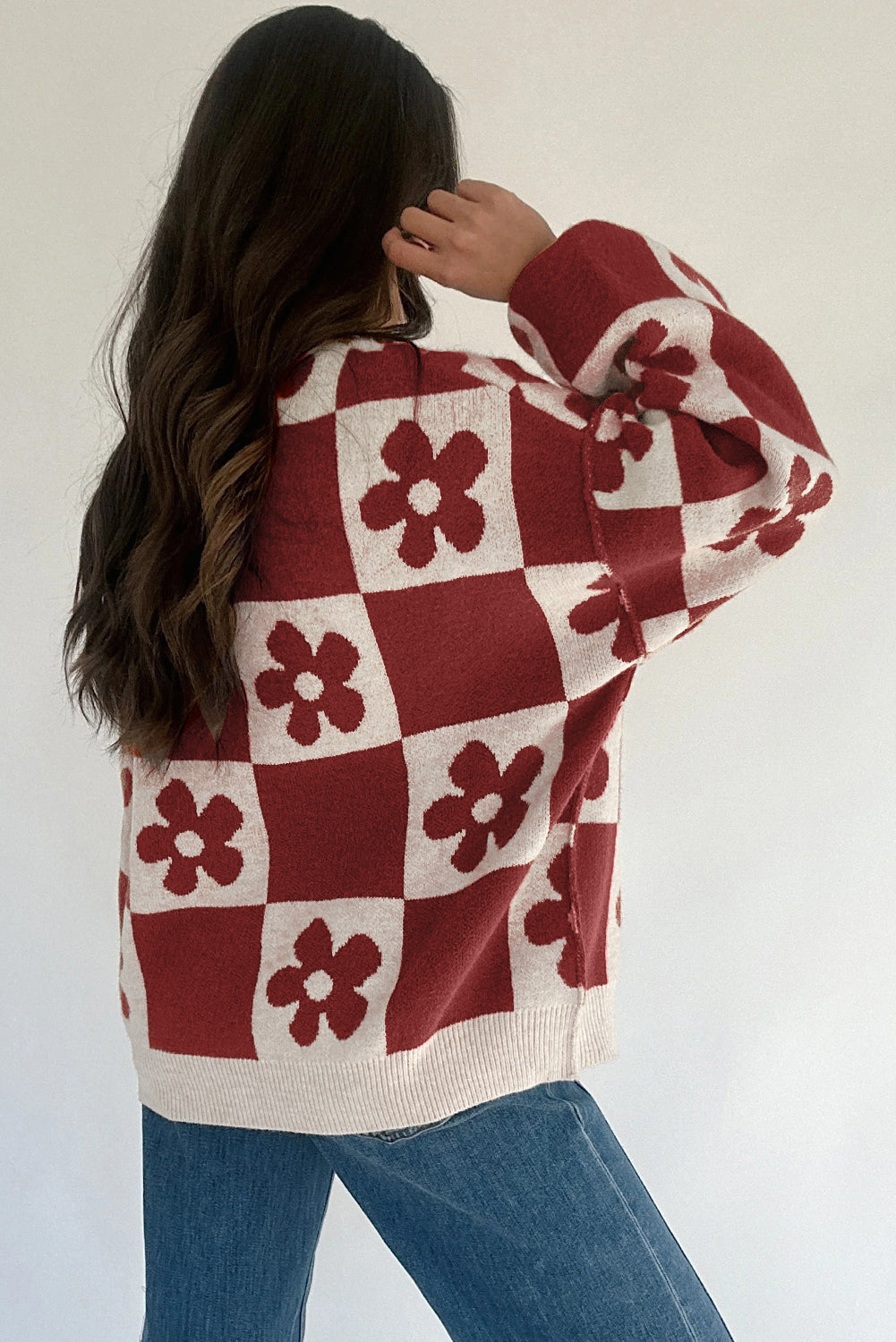 Black Flower Plaid Henley Baggy Sweater