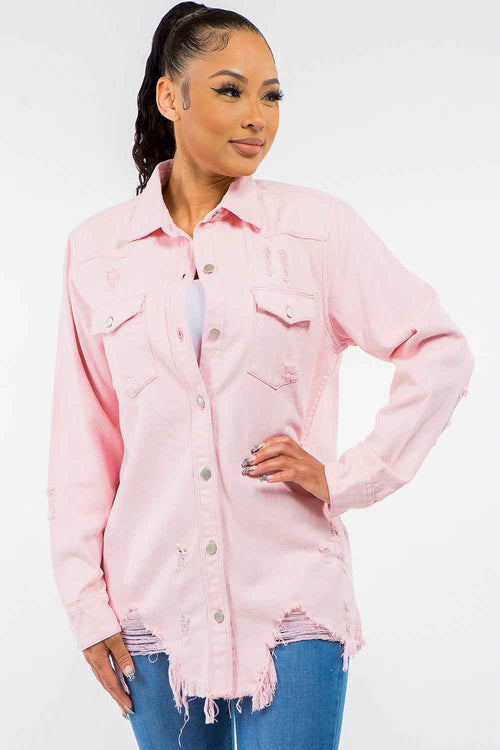 American Bazi Frayed Hem Distressed Denim Jacket by Wild and Free Boutique