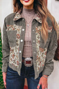 Medium Grey Ribbed Retro Floral Patchwork Shirt Style Jacket