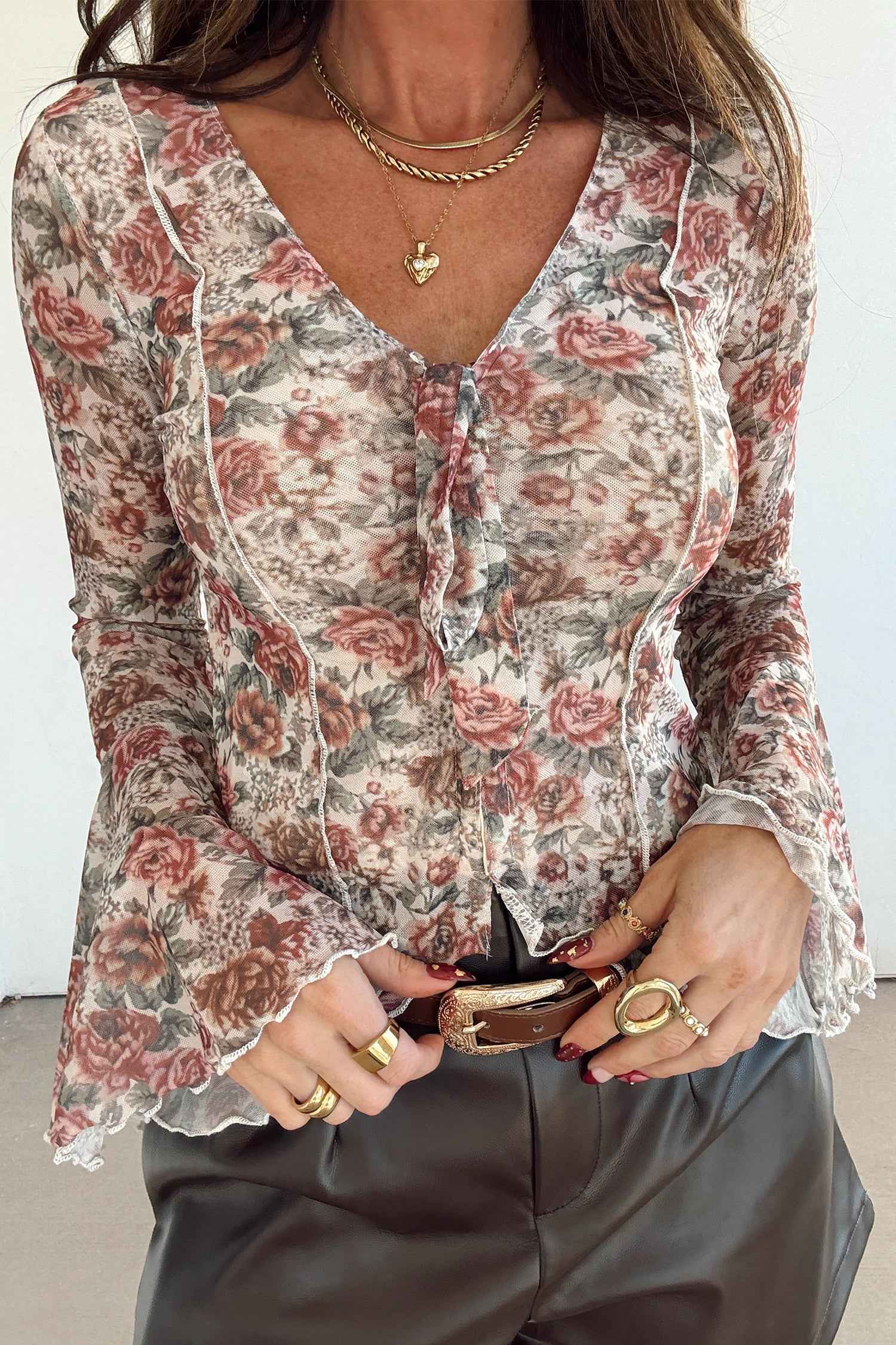 Red Floral Print Stitched Detail Tie V Neck Long Bell Sleeve Blouse