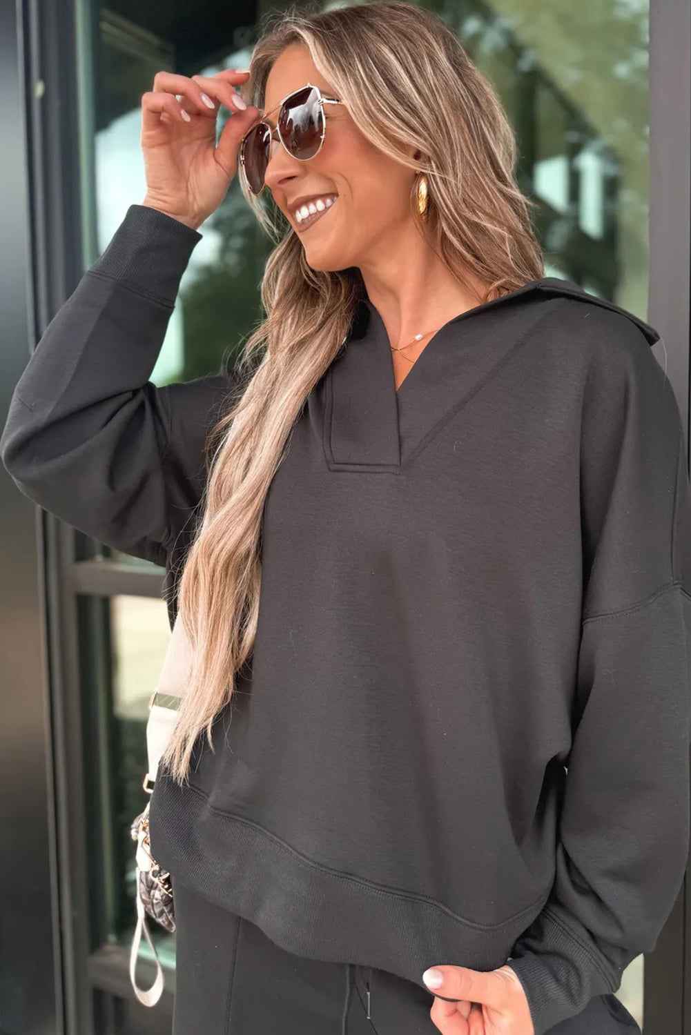 Bristol Black Collared V Neck Pullover Sweatshirt Sweatpants Set